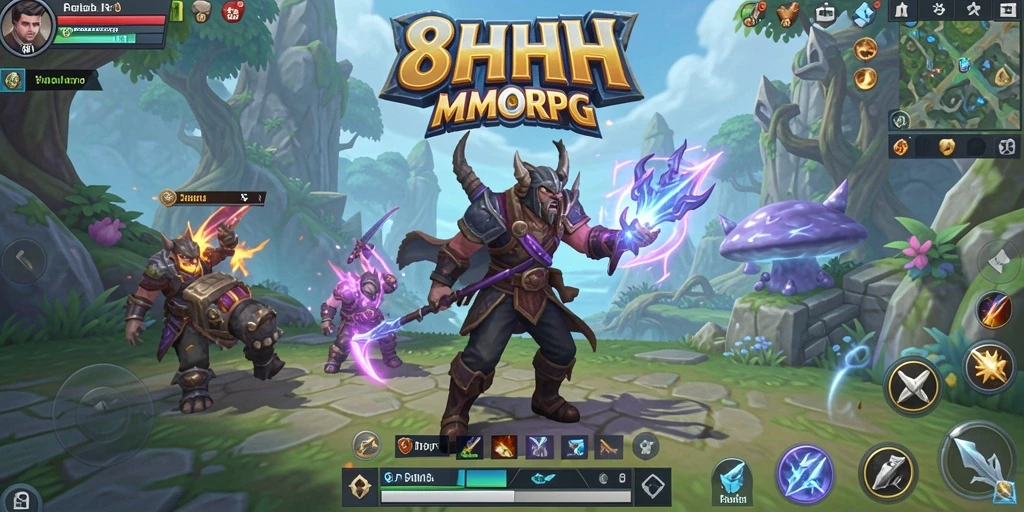 Tangkapan layar gameplay 8HHH menampilkan pertempuran seru di dunia MMORPG.