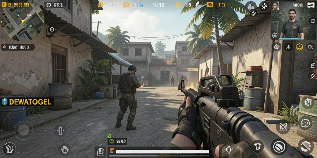 Tampilan gameplay <strong>DEWATOGEL</strong> yang intens dalam pertempuran FPS.