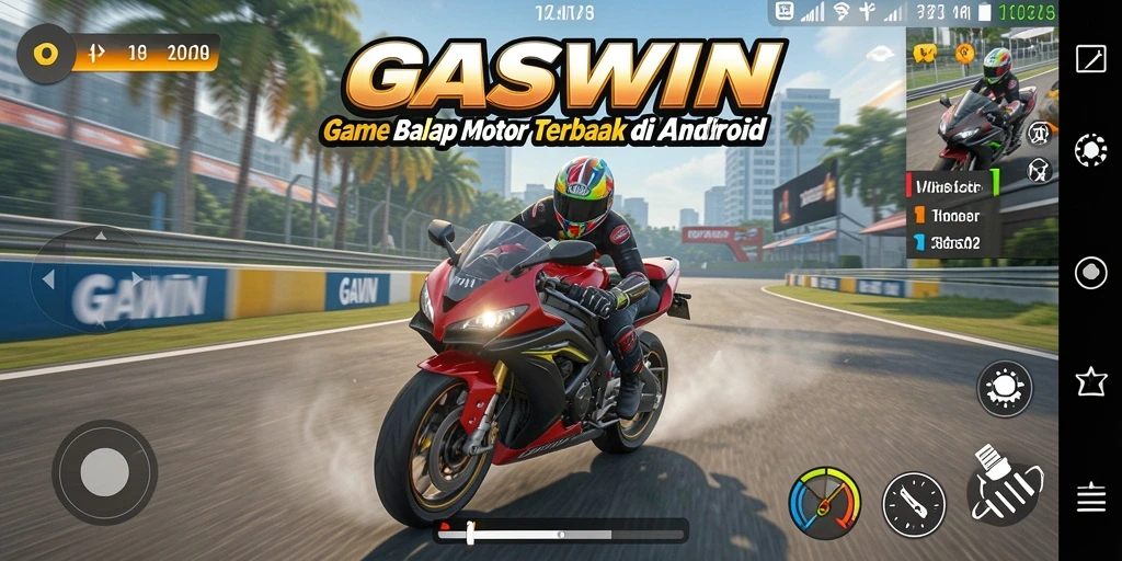 Screenshot utama GASWIN menampilkan balapan motor yang seru dan menantang.