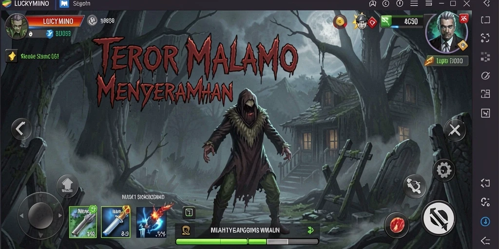 Tampilan gameplay LUCKYMINO yang menyeramkan dengan hantu mengintai.