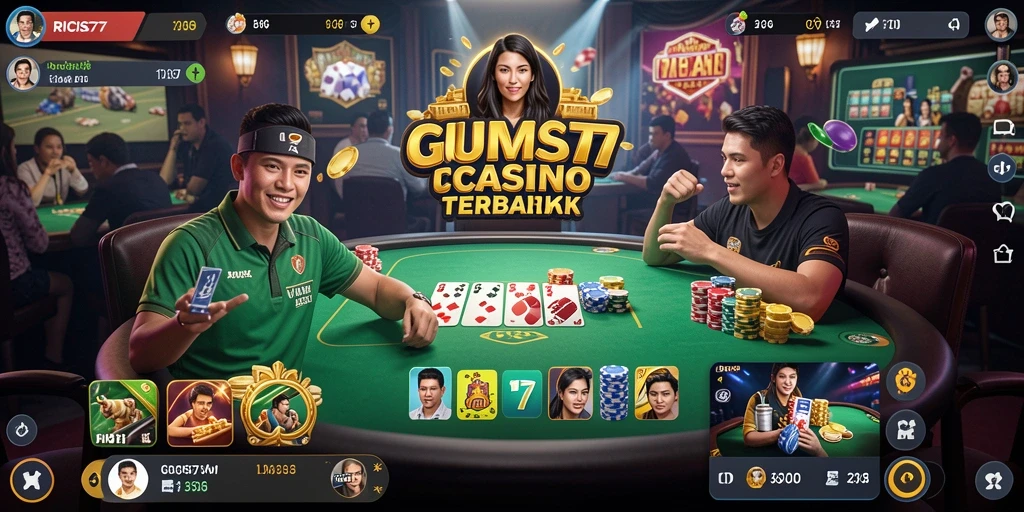 Screenshot dari gameplay RICIS77 yang menampilkan dealer langsung dan suasana kasino.
