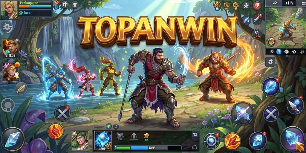 Screenshot gameplay TOPANWIN menampilkan pertarungan seru dan karakter yang berwarna.
